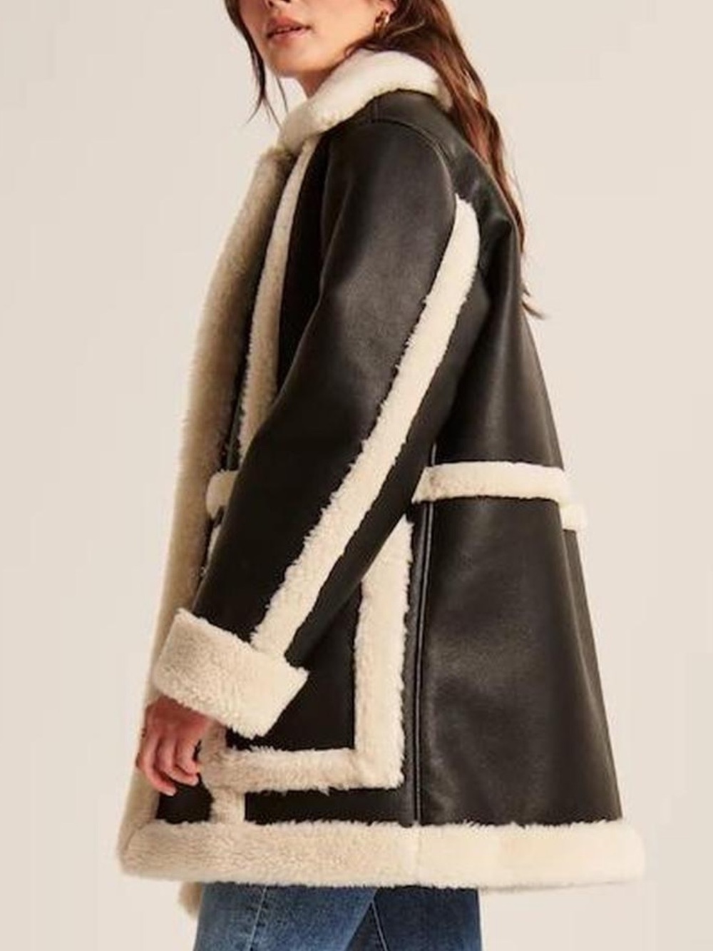 Abercrombie & Fitch Black Faux Shearling-Trim Leather Jacket